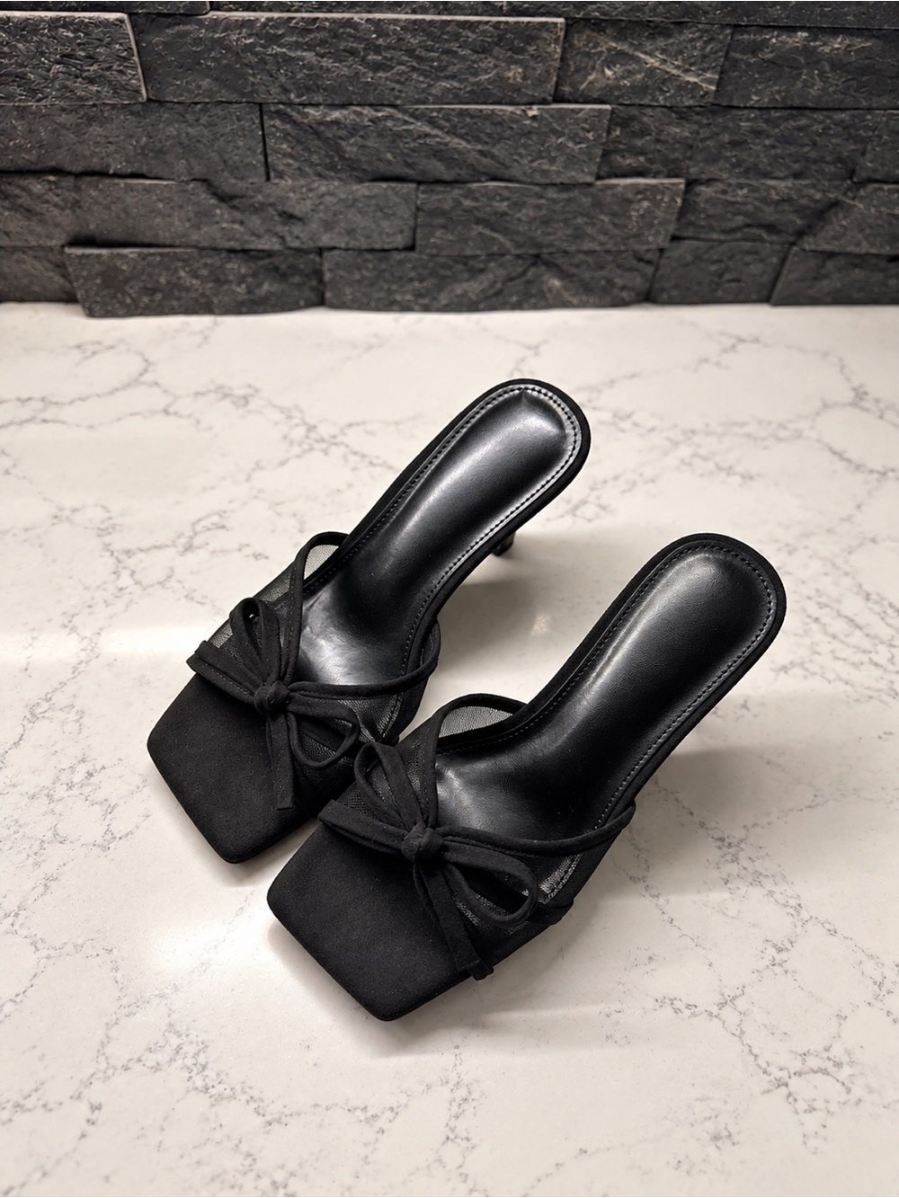 Black Square-Toe Knot Mules for Women